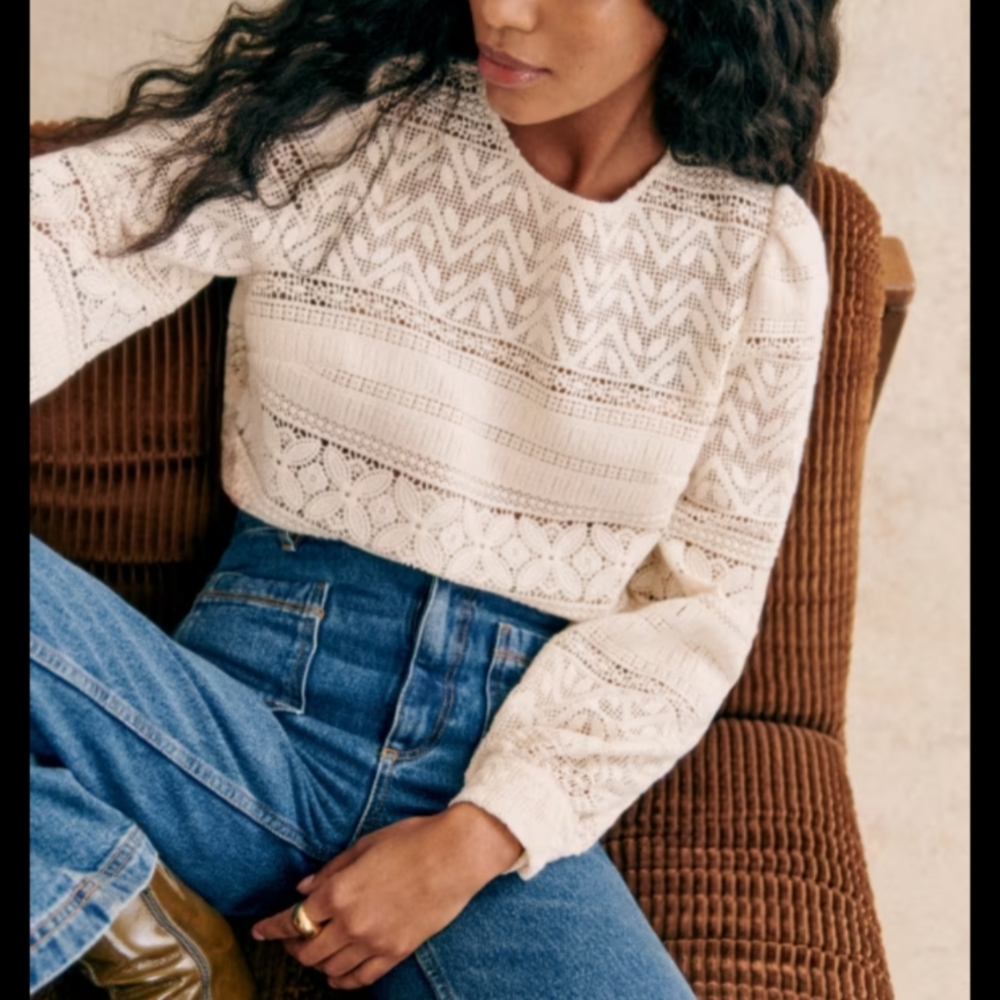 Sezane Cream Fitted Crop Blouse Long Sleeve